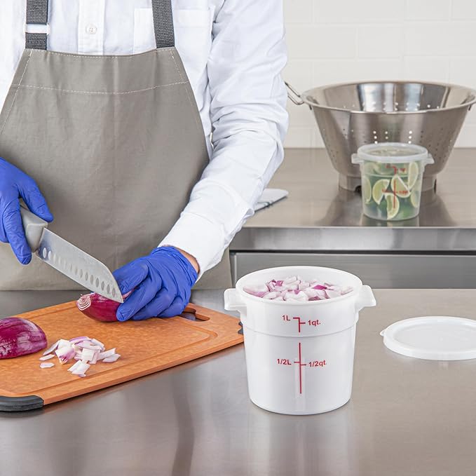 Restaurantware-Met Lux 1 Quart Food Storage Containers, 10 White Storage Containers - Lids Sold Separately, Red Volume Markers, Dishwashable Containers, Side Handles, For Storing Foods