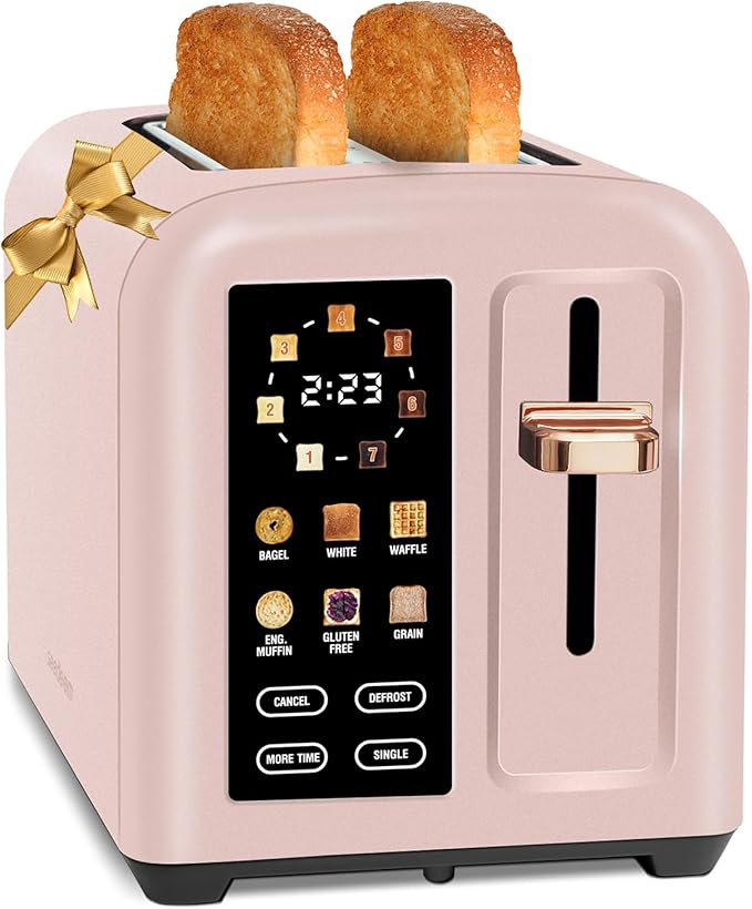 SEEDEEM Toaster 2 Slice, Touch Control Stainless Toaster LCD Display, 50% Faster Heating Speed, 1.4'' Wide Slots, More Timer Functions, Removable Crumb Tray, 1350W, Crystal Pink