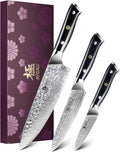 KYOKU Knife Set, Shogun Series 3pc Japanese Style Kitchen Knife Set, 8" Chef 3.6" Paring 6" Utility Knife with Sheath Gift Box, Professional Sharp Damascus Stainless Steel Knives for Meat Vegetable