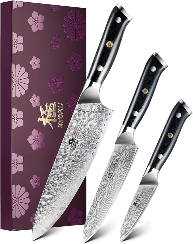 KYOKU Knife Set, Shogun Series 3pc Japanese Style Kitchen Knife Set, 8" Chef 3.6" Paring 6" Utility Knife with Sheath Gift Box, Professional Sharp Damascus Stainless Steel Knives for Meat Vegetable