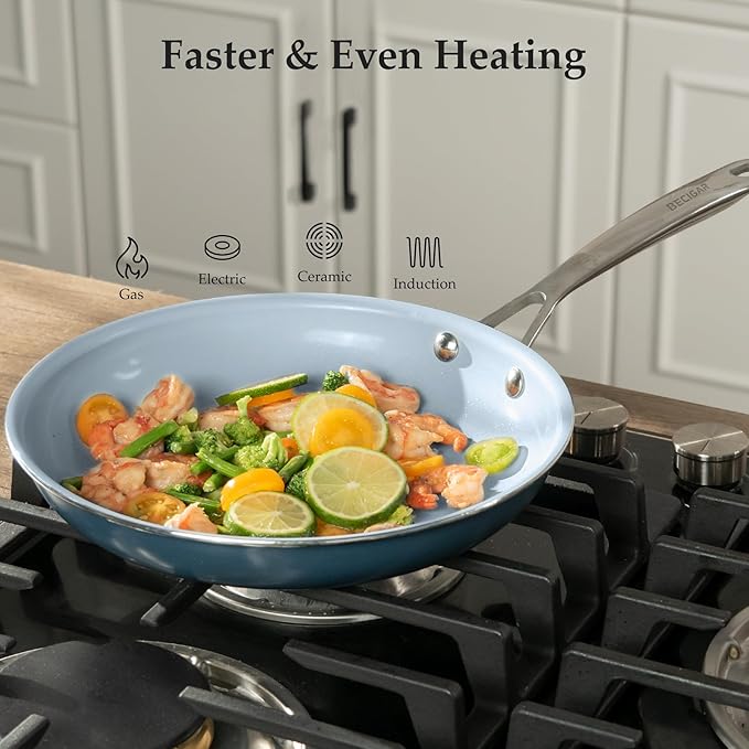 Ceramic Frying Pan Set with Stainless Steel Handle - Perfect Cookware Set for Steak & Non Stick Cooking - Ceramic Pans Set Non Stick Trendy Essential for Young Chefs(Blue)