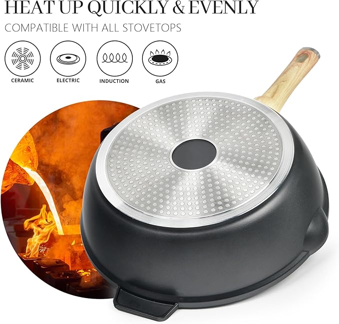 12 In Deep Frying Pan Nonstick with Lid and Strainer, 5.5 Quart Saute Pan, Granite Chef Skillet No stick for Cooking, 100% PFOA Free Non Toxic Fry Pan for All Stove top Gas Induction