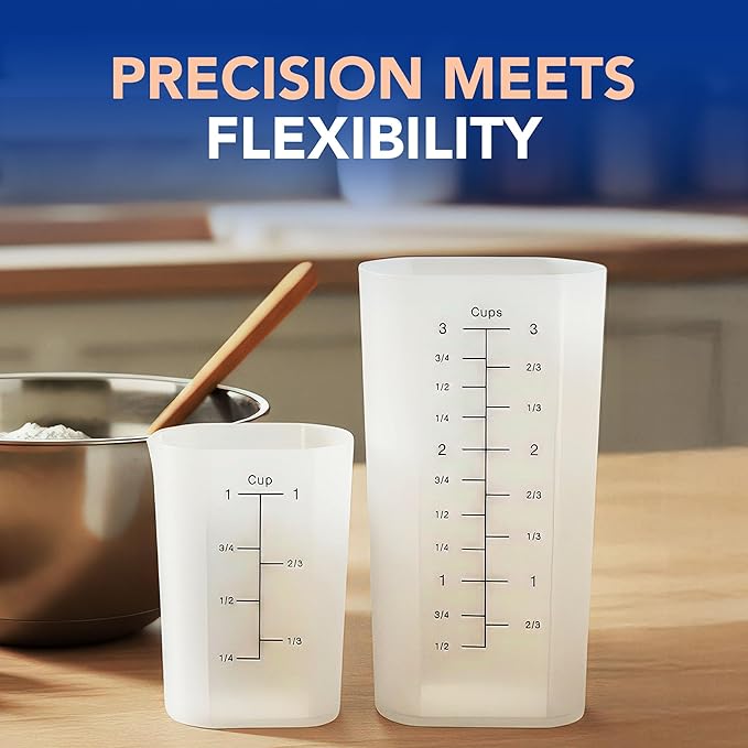 Measuring Cup Set (1 Cup & 3 Cup) – Flexible Silicone Front + Easy-Grip Plastic Back – Precise ml/oz Markings, Heat-Resistant, Easy-Pour Design for Baking & Cooking