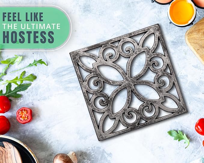 Comfify Decorative Cast Iron Trivet – Square Pattern for Kitchen or Dining Table – 6.5 x 6.5 with Rubber Feet – Recycled Metal – Rustic Design – Rust Silver Color
