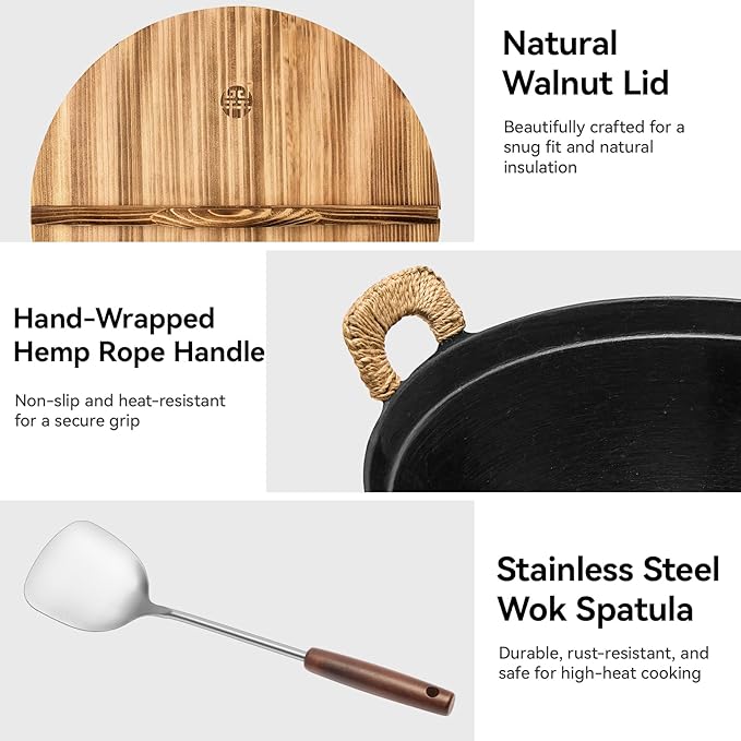 WANGYUANJI 14.2 Inch Cast Iron Wok with Wooden Lid and Stainless Steel Spatula, Flat Bottom Double-Handle Chinese Stir Fry Pan, Uncoated Cast Iron Wok for Induction, Gas and Electric Stoves