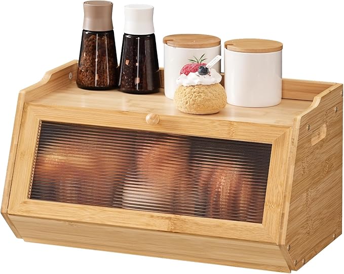 HOOBRO Large Bread Box, Bamboo Bread Box for Kitchen Countertop, Farmhouse Bread Storage Box with Acrylic Window, Bread Holder with Drop-Down Door, for Food Storage, Natural YL30MB01