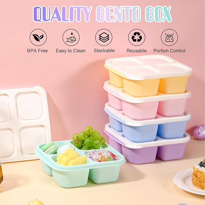 Honeydak 5 Pack Snack Containers 4 Compartment Bento Snack Boxes Reusable Lunchable Containers with Lids Divided Meal Prep Lunch Food Storage Box for School Work Travel(Fresh Macaroon,Equal)