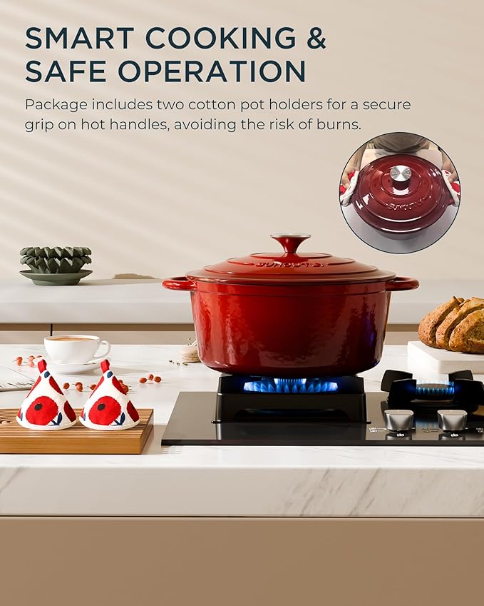 Enameled Cast Iron Dutch Oven - 6QT Pot with Lid & Cotton Potholders - Heavy-Duty Cookware for Braising, Stews, Roasting, Bread Baking, Oven Safe up to 500°F & Suitable for All Cooktops, Cherry Red