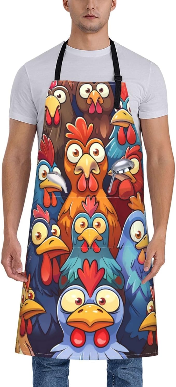 Funny Chicken Cartoon Apron for Men Women, Waterproof Kitchen Cooking Bib with Adjustable Neck and Pocket, Colorful Farm Rooster Theme Chef Apron Gifts for BBQ, Baking, Gardening, and Home Decor