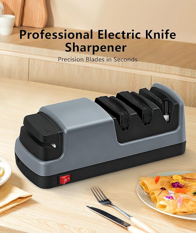 Professional Electric Knife Sharpener – Precision Sharpening for Kitchen Knives, Scissors & More – Diamond Abrasives & 3-Stage System (Grey)