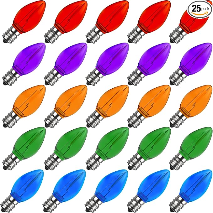 Meconard C7 Led Replacement Christmas Light Bulb, C7 Shatterproof Led Bulbs for Christmas Outdoor String Lights, E12 Candelabra Base, Commercial Grade Holiday Bulbs, Multi-Color, 25 Pack