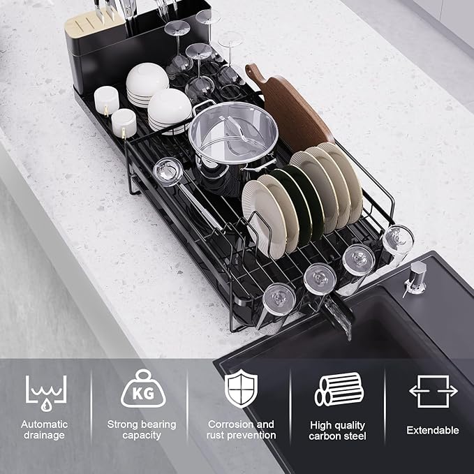 Runnatal Large Dish Drying Rack with Drainboard Set, Dish Rack, Extendable Dish Rack, Utensil Holder, Cup Holder, Expandable Dish Drainer for Kitchen Counter, 21.6"-30.3" L x 12.6" W