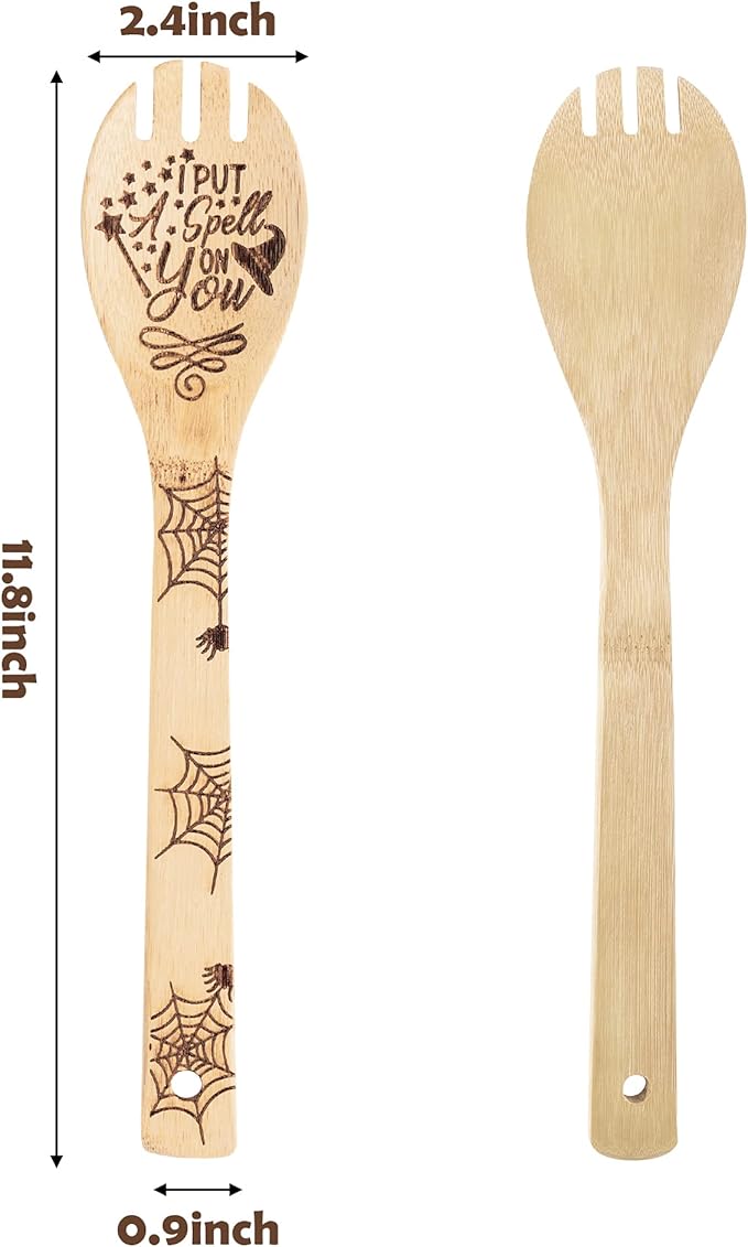 Eartim Hocus Pocus Wooden Cooking Utensil Set - 5Pcs Halloween Kitchen Cooking Gadget Natural Carve Bamboo Spoon Slotted Spatula Non-Stick Cookware Utensil Birthday Housewarming Gift Halloween Supply