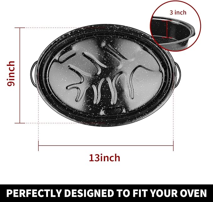 16Inch Roasting Pan, Enamel on Steel, Black Covered Oval Roaster Pan with Lid, Medium Cookware for Turkey, Small Chicken, Roast Baking Pan.