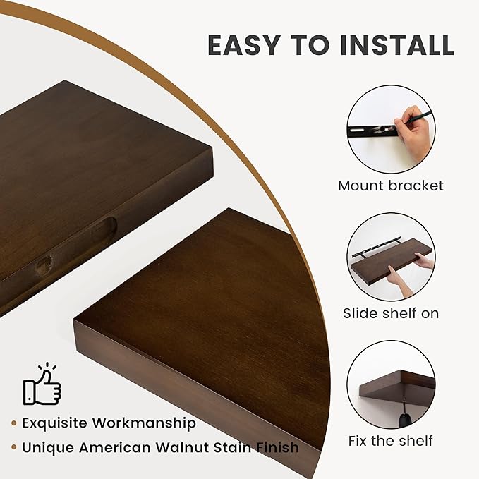 Fun Memories Farmhouse Floating Shelves - 8 Inch Deep Rustic Wood Wall Shelf - Premium Solid Pine Wood Storage Shelf for Kitchen Living Room Bedroom - 24" W x 8" D - Set of 2 - American Walnut Color