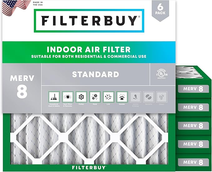 Filterbuy 11.25x11.25x2 Air Filter MERV 8 Essential Dust & Allergy Defense (6-Pack), Electrostatic Pleated HVAC AC Furnace Filters Replacement, Made in USA (Actual Size: 11.25 x 11.25 x 1.75)