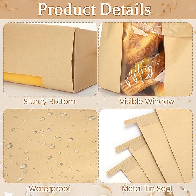 130 Pack Homemade Bread Sourdough Bags, 14" x 8.3" x 3.5" Large Paper Bread Bag with Tin Tie Tab Lock Clear Front Window Stickers for Bakery Storage Christmas Thanksgiving Harvest Party