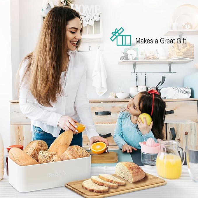 OUTSHINE White Bread Box for Kitchen Countertop, Small Storage Container with Bamboo Lid, Modern Kitchen Organizer for Sourdough, Buns, and Loaves, Bread Storage with Cutting Board Lid