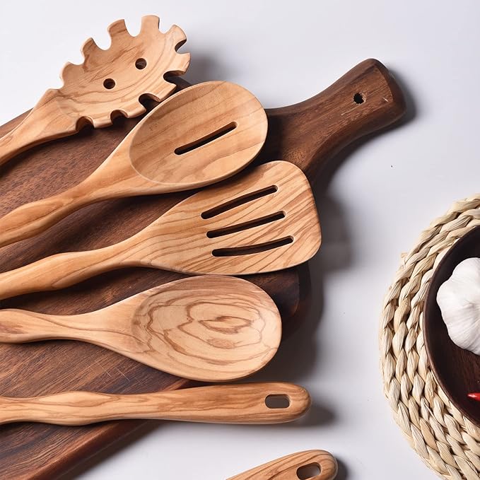 Gudamaye 12 inch Olive Wooden Utensils for Cooking, Long Handle Wooden Spoons for Cooking, 6 PCES Crafting Wooden Spoon Set, Wooden Kitchen Utensil set, Natural Olive Wood utensil Set
