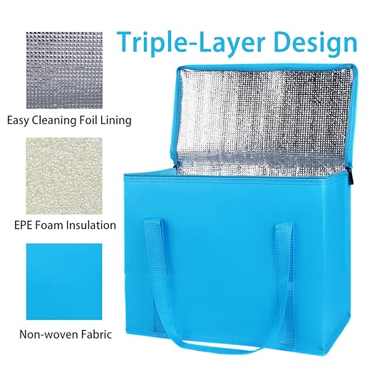 Bodaon 4-Pack Cooler Insulated Food Delivery Bag, X-Large Bags With Top Zippered for Grocery/DoorDash/Catering/Shopping, Thermal Hot Pizza, Large Cold Frozen, Blue With Bottom