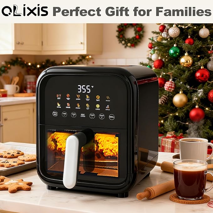 OLIXIS 7.9QT Air Fryer with Window, 12-In-1 Large Air Fryer for Family, 400°F Rapid Air Crispy Technology, Roast Bake Dehydrate Reheat, Nonstick & Easy-Clean Basket, 1800W, Black