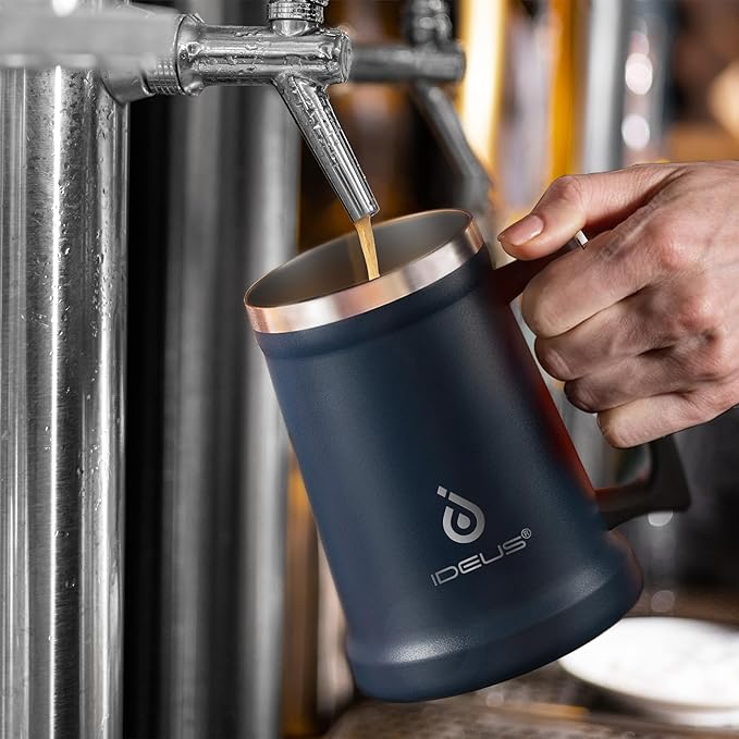 Ideus Insulated Beer Stein, 24/32oz Stainless Steel Double Walled Beer Mug Giant Bar Drinkware Metal Beer Cup with Big Grip Handle (Navy Blue, 34oz (1,000ml))
