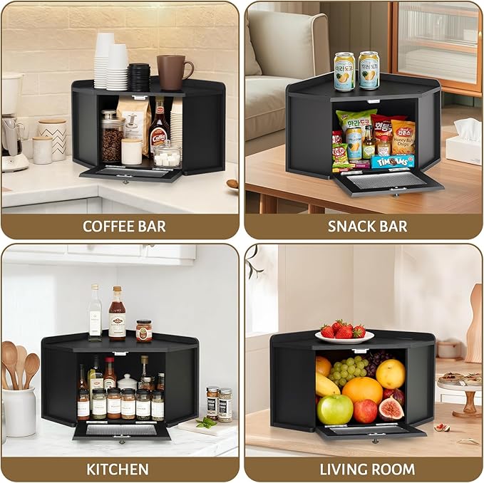Corner Bread Box for Kitchen Countertop, Wooden Bread Storage for Homemade Bread, Rustic Breadbox with Acrylic Wavy Door, Bread Container for Kitchen Counter Cabinet, Pantry, Cupboard