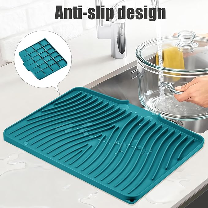 Silicone Dish Drying Mat for Kitchen Counter, Dish Drying Pad, Non-Slip Drain Pad with Built-in Drain, Heat Resistant Stone Drying Mat(15.8" x 13", Green)