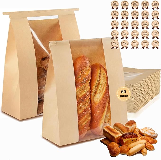 60 Pack thicker Large Paper Bread Bags,for Homemade Bread(13.7x8.2x3.7in)& Tin Tie Tab Lock.with Window Sourdough bags &75pcs Sealing Stickers,for Packaging and Storage of Baked Goods