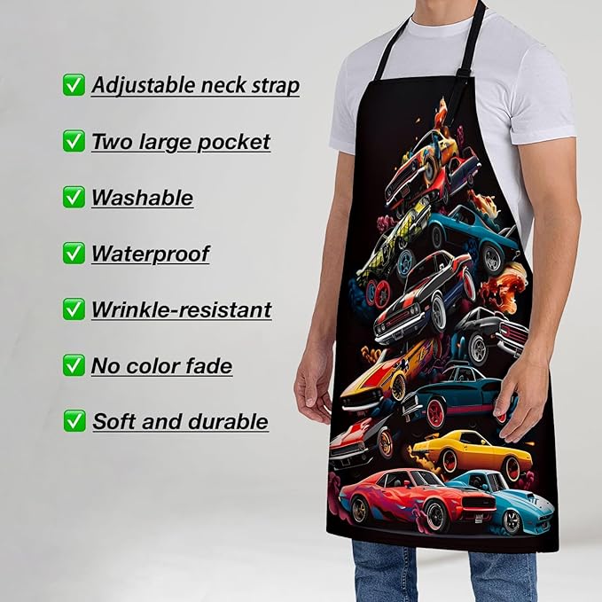 Muscle Cars Apron for Women, 28x33in, Kitchen Chef Aprons with 2 Pockets, Polyester, Black Vintage Sports Car Apron for Cooking BBQ Baking Gardening Chef, Gifts for Mom Wife Dad