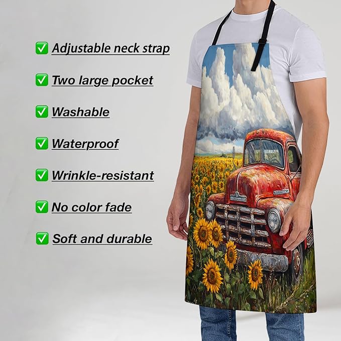 Vintage Red Truck Apron for Women, 28x33in, Kitchen Chef Aprons with 2 Pockets, Polyester, Rustic Sunflowers Apron for Cooking BBQ Baking Gardening Chef, Gifts for Mom Wife Dad