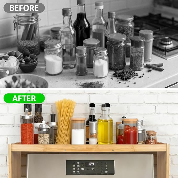 Over the Stove Spice Shelf, 33" Bamboo Stove Top Spice Rack Organizer
