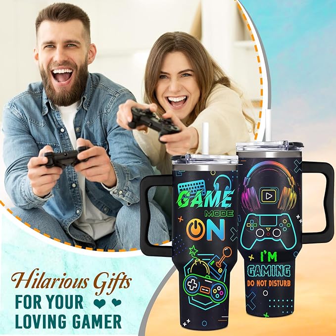 Gamer Gifts for Men from Daughter, Son, Kids, Wife - 40oz Game Tumbler With Handle and straw for Father's Day, Christmas, Birthday, Valentines Day - 40 oz Stainless Steel Tumbler for Gaming Men