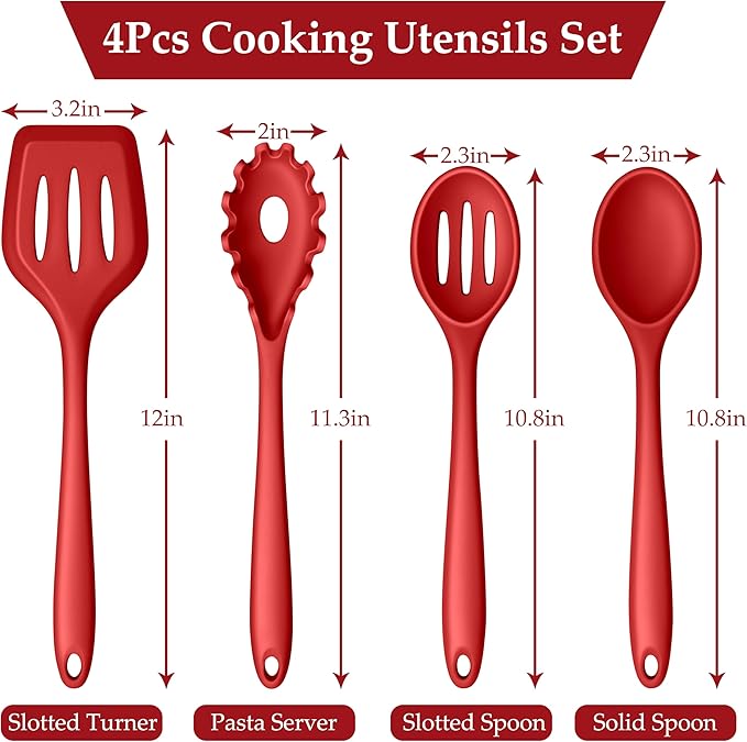 LIANYU 4Pcs Kitchen Utensils, Silicone Cooking Utensils Set, Heat Resistant Cooking Tools, Include Turner, Spoon, Pasta Server for Nonstick Cookware, Healthy & Dishwasher Safe, Red