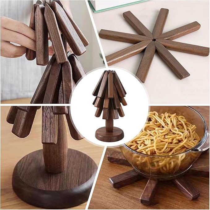 Wooden Tree Coasters, Trivets for Hot Dishes, Trivets for Hot Pots and Pans, Wooden Tree Trivet Set - 3 or 4 Wooden Trivet + 1 Stand, Christmas Coasters (Walnut,4pcs-B)
