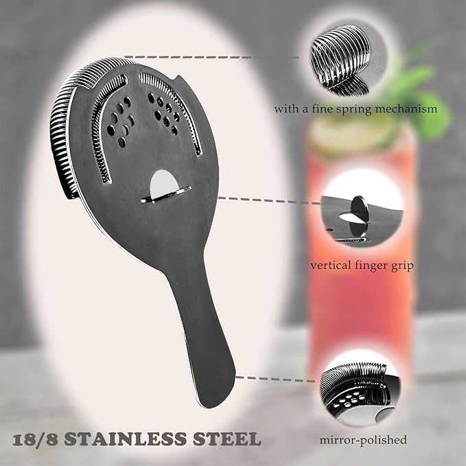 Black Cocktail Strainer for Drinks 2 Prong Hawthorne Strainer with Removable Spring Stainless Steel Bartending Strainer