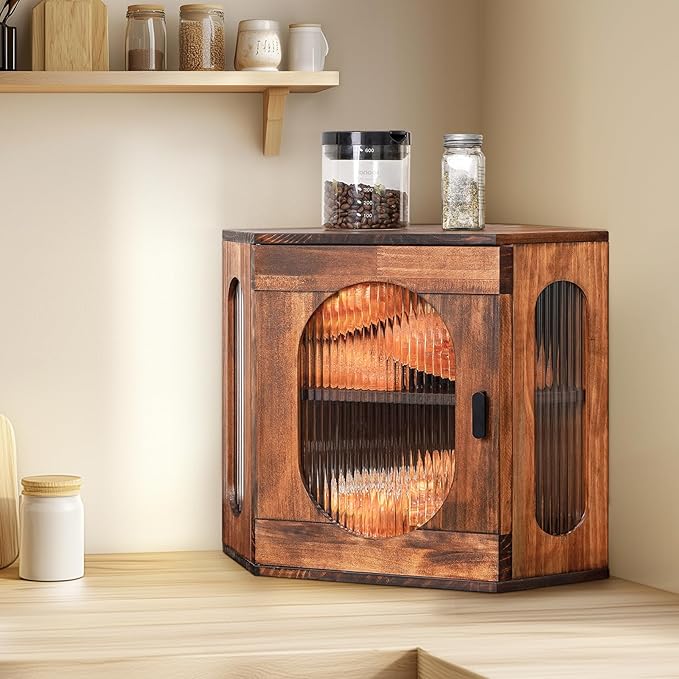 Sunhoo Bread Box for Kitchen Countertop Corner Bread Storage Wooden Breadbox Container 2 Layer Bread Holder Keeper Large Farmhouse Bread Bin Shelf for Homemade Pantry Vintage Acrylic Window(Brown)