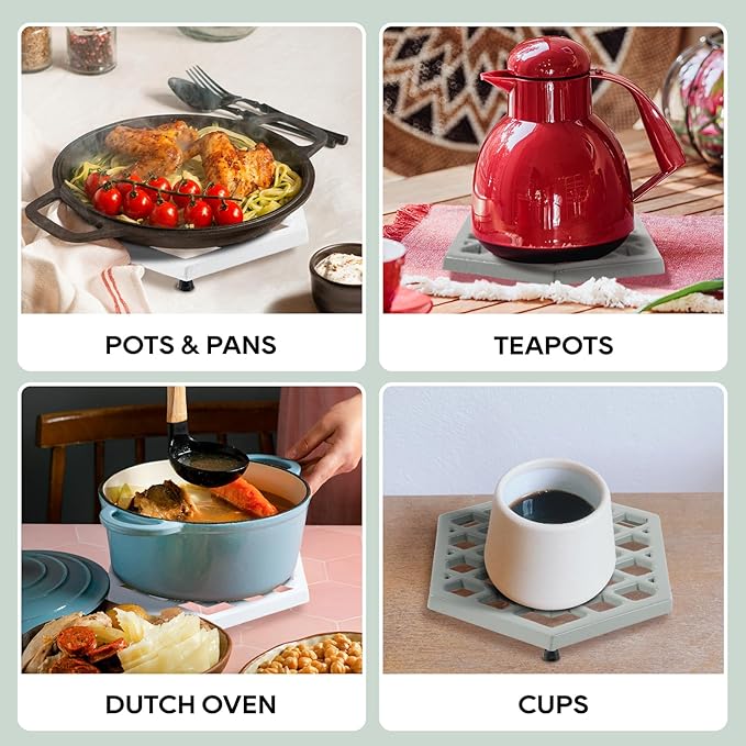 JOGREFUL Cast Iron Trivet Mats, Kitchen Pot Holders to Portect Table/Countertops, Heat Resistant Mats for Teapot/Hot Dishers/Plates, Vintage Mats with Weighted-Base, Hexagon White