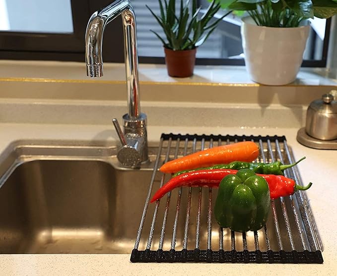 Roll up Dish Drying Rack Over The Sink Portable Stainless Still Rolling Rack Folding Mat for Kitchen Counter (Black, 17.7''LX11.2''W)
