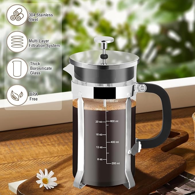 French Press Coffee Maker,34oz 304 Stainless Steel with 2 Filter, Heat Resistant Durable, Easy to Clean, Borosilicate Glass Press, BPA Free Glass TeaPot-34 Ounce 1 Liter (Chrome)