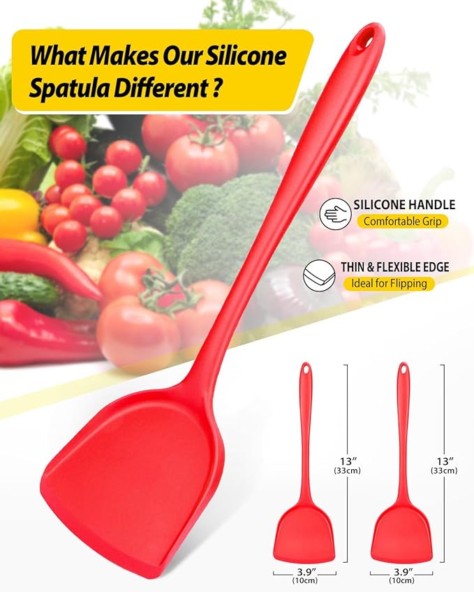 Pack of 2 Silicone Wok Spatula, Non-Stick, Heat Resistant, Easy to Clean and Dishwasher Safe, Seamless Kitchen Utensil for Cooking, Baking, Stir-Fry (Red)