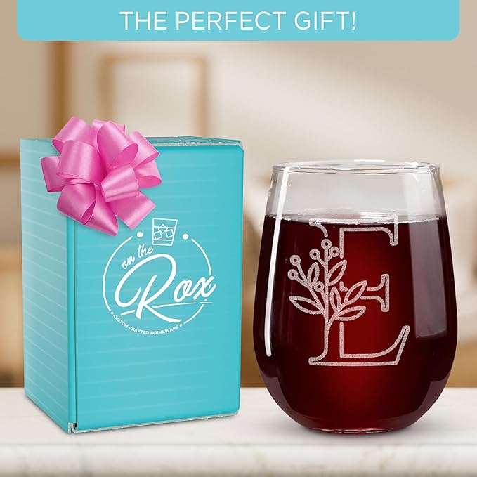 On The Rox Drinks Monogrammed Gifts For Women and Men - Letter A-Z Initial Engraved Monogram Stemless Wine Glass - 17 Oz Personalized Wine Gifts For Women and Men (E)
