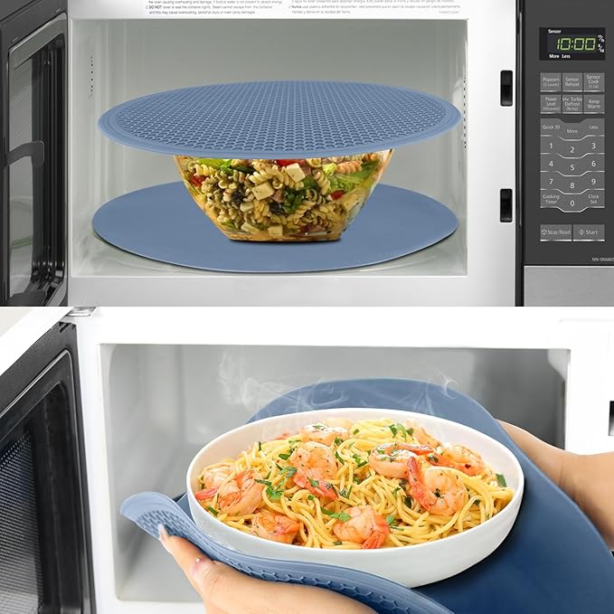 Extra Large Silicone Microwave Mat & Food Cover- Mat as Bowl Holder, Cover for Splatter Guard, Multi-Use Silicone Trivet Pot Holders, Drying Mat for Kitchen Counter, 12"Heat Resistant Mat, Blue 2Pack