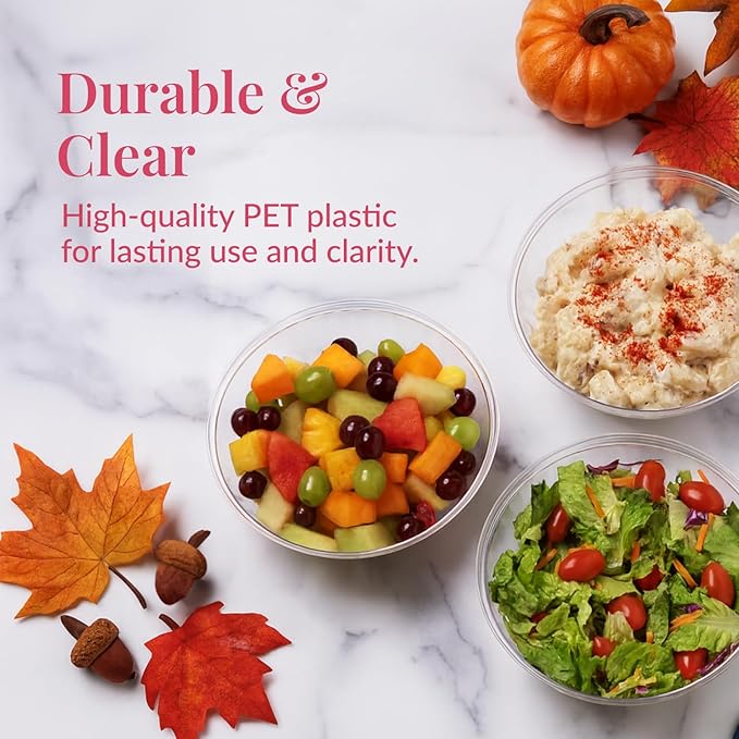 Prestee Clear Plastic Serving Bowls, 48 Oz. 12 Pack - Round Disposable Bowls, Punch, Party, Chip Bowl Containers - for Candy, Salads, Parties, & Serving Food - Large Salad Bowl Dish for Eating