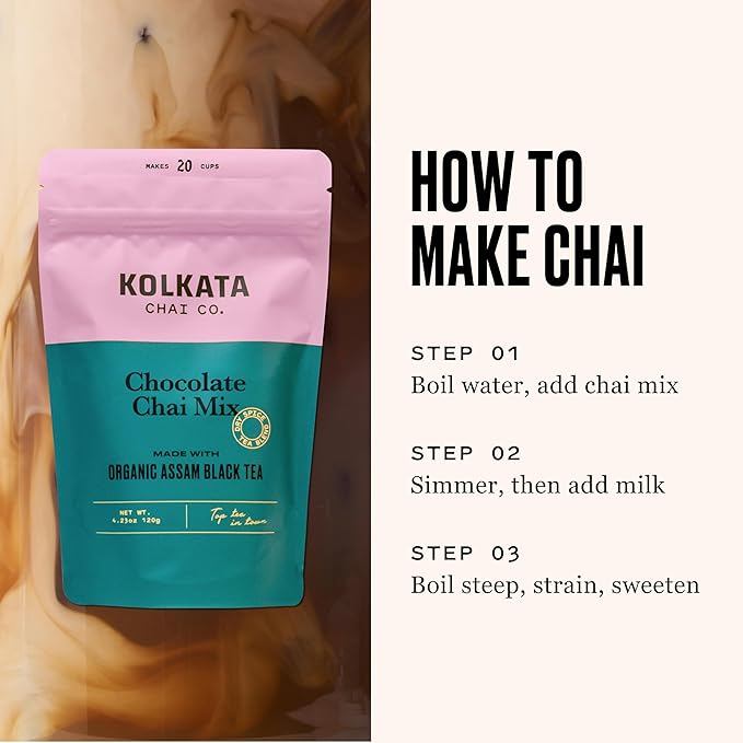 Kolkata Chai Chocolate Chai mix, 100% Organic Black Tea, Makes 20 cups, Premium loose leaf tea and spice blend, All Natural, 4.23 oz