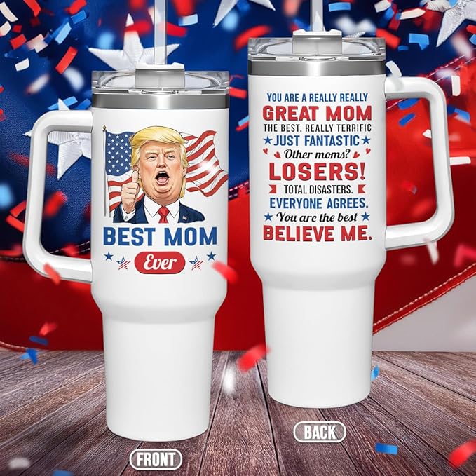wowcugi Mom Trump Tumbler with Handle 40oz, Gifts for Mom from Daughter Son, Stainless Steel Insulated Tumblers Coffee Travel Mug Cup, Best Moms Gift for Birthday Christmas Mothers Day