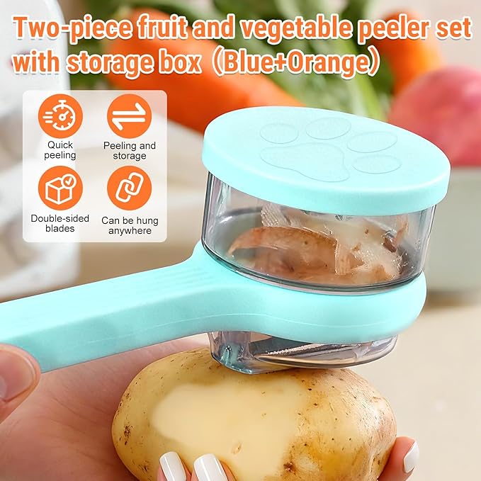2Pcs Kitchen Special Fruit Peeler with Box Storage,Double-Sided Stainless Steel Multi-Function Peelers,Vegetable Peeler with Catcher,Fast Peeling Tool for Fruit and Vegetables Cooking (Orange+Blue)