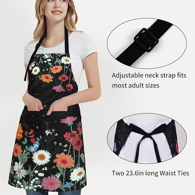 ASPMIZ Floral Apron for Adults, Waterproof Women Apron with 2 Pockets, Flower Cooking Aprons with Adjustable Neck Strap, Kitchen Apron for Washing Dishes, Gifts BBQ Grill 27.5 x 31.5 Inches, Black