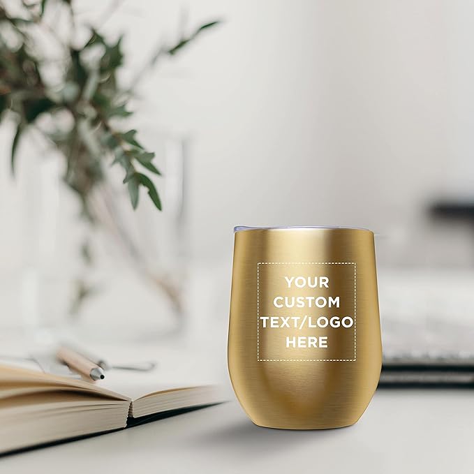Custom Stemless Wine Glass Tumblers with Lids by Largo 11 oz. Set of 12, Personalized Bulk Pack - Perfect for Wine, Cocktails, Other Hot & Cold Beverages - Gold