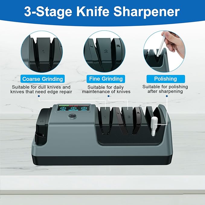 5-in-1 Electric Knife Sharpener for Kitchen Knives, 3-Stage Sharpener with 100% Diamond Abrasive, LCD Screen, Speed Adjustable, Knife Sharpener for All Kitchen Knives Quick Sharpening, Scissors